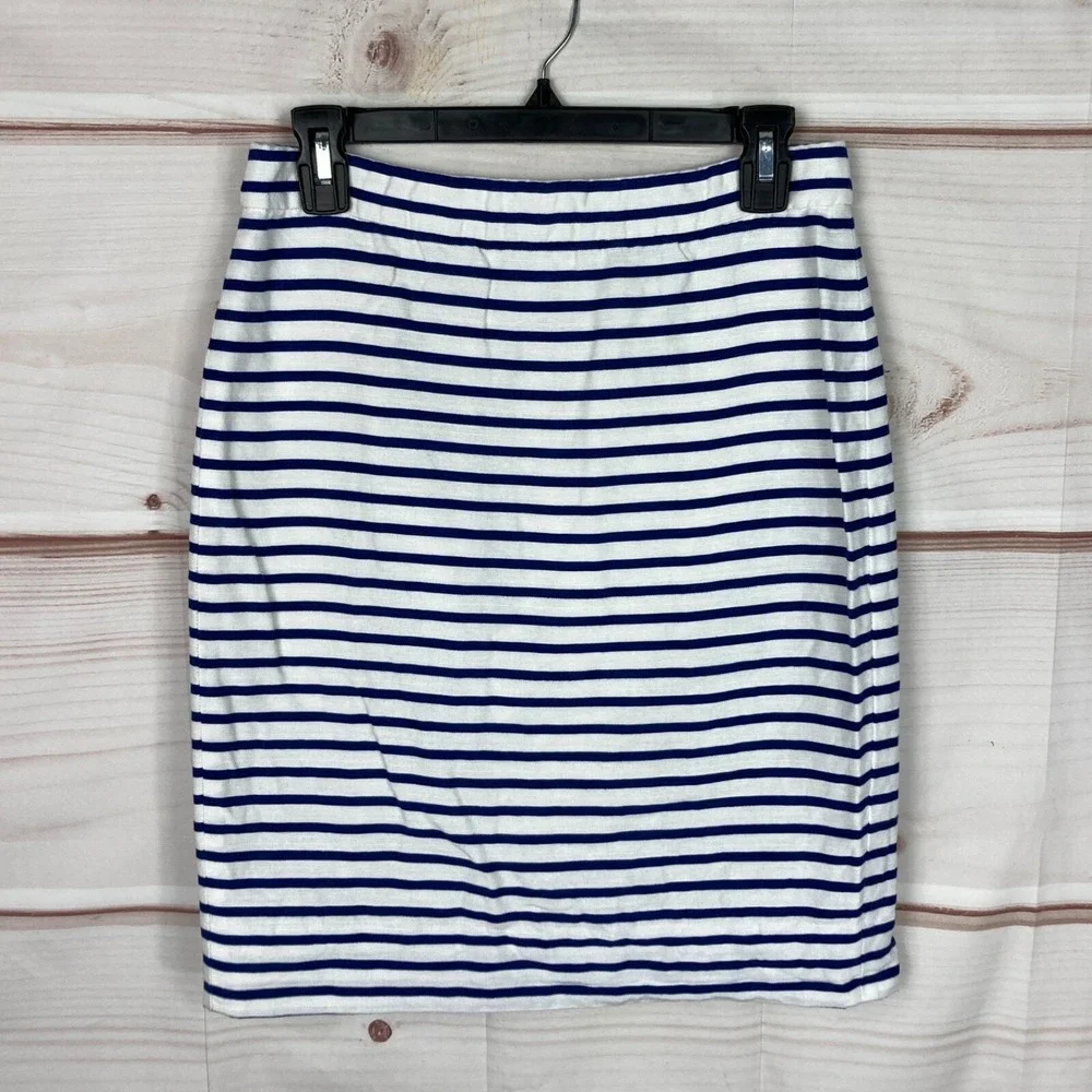 J‎ Crew Skirt Womens 4 Blue White Stripe Pencil Cotton Linen Knee Length Zipper